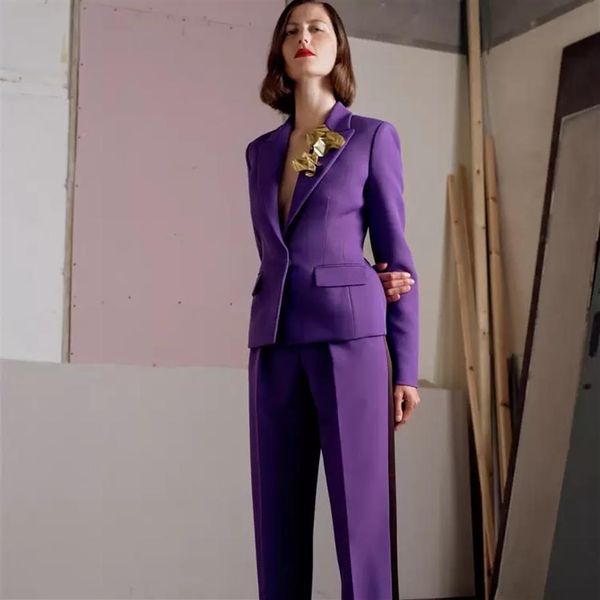 Purple Женские брюки костюмы 2 штуки Матери платье Slim Fit Ladies Office Evening Work Wear Licedos Jacket Pants257c