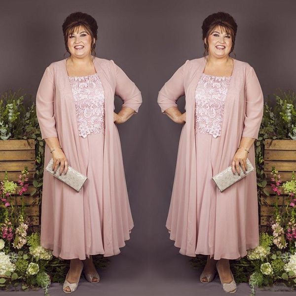 Vestido de Chiffon Rosa Claro para Mãe da Noiva Elegante Renda Aplicada 3 Manga 4 Macacão Noivo Com Jaqueta 2 Peças Plus Size2292