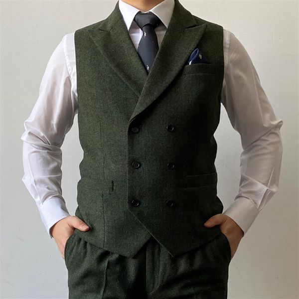 2021 Bristish Verde Noivo Colete Duplo Peito Marrom Lã Espinha De Peixe Tweed Colete Padrinho Masculino Terno Baile Casamento Colete Vestido246u