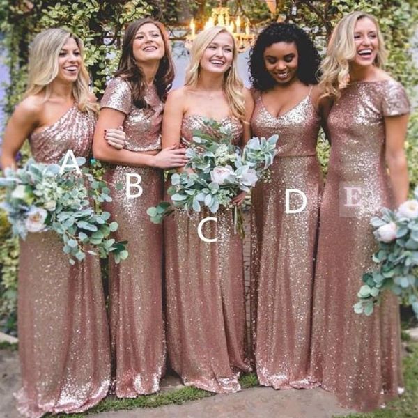 Vestidos de dama de honra Designs simples Brilhante Vestido de lantejoulas ouro rosa Longo Sexy até o chão Boho Plus Size Custom Made286O