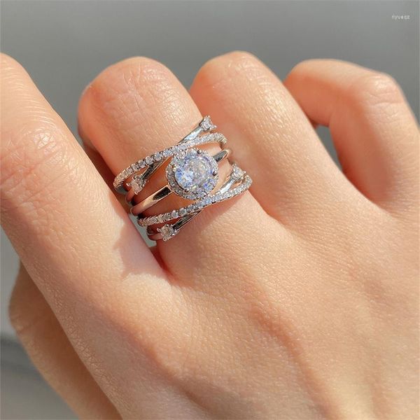 Eheringe Uilz Silber Farbe Multi-Kreis Wicklung Zirkonia Fingerring für Frauen Luxus Paar Elegant Jewerly