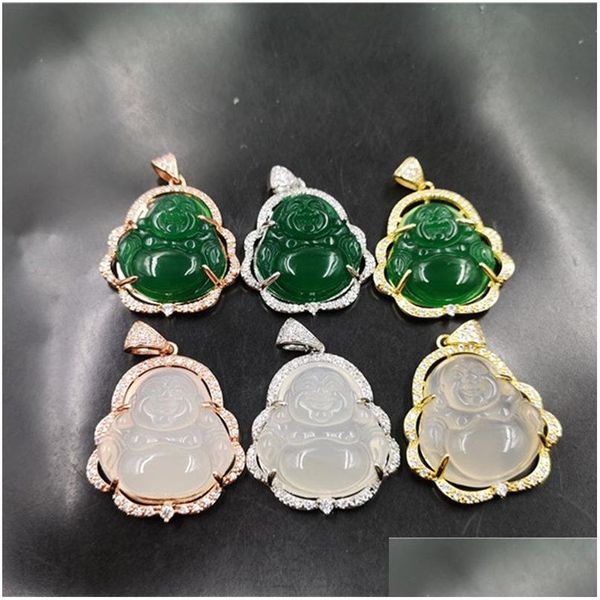 Anhänger Halsketten Lachender Buddha Jade Halskette 925 Vergoldet Eingelegter Edelstein Schmuck Eis Chalcedon Achat Maitreya Weiblicher Anhänger Dhcgv