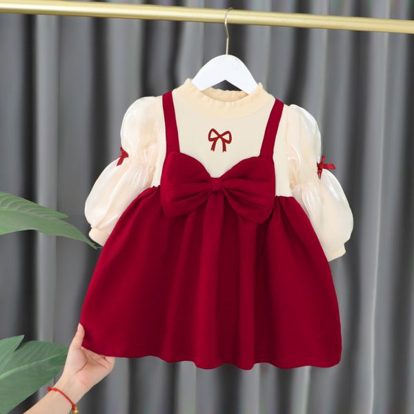 2022 moda recém-nascido bebê meninas vestido vermelho laço vestido de natal bonito crianças roupas infantis outono inverno princesa vestido de pelúcia