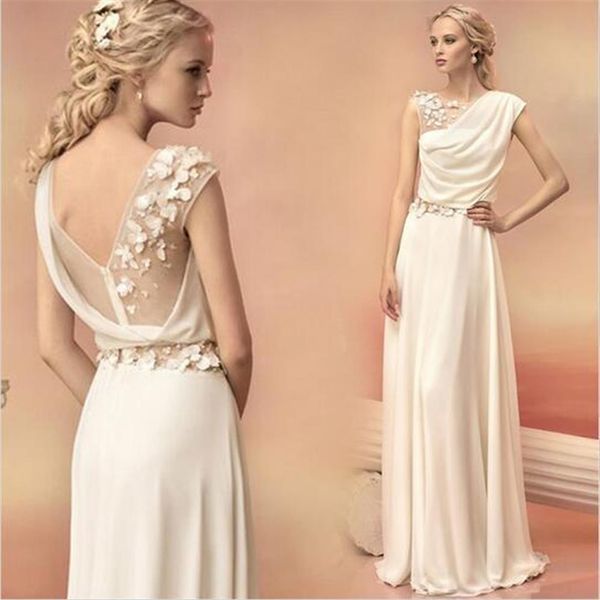 Abiti da sera lunghi 2016 Sposa Principessa Banchetto Pizzo Chiffon Abito da ballo Dea greca Elegante Fiore senza schienale Plus Size Formale Dr290g