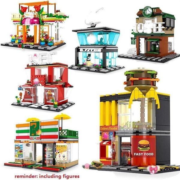 Blocos de brinquedo Mini City Street Building Blocks Coffee Shop Hamburger Store City DIY Bricks Toys Compatible Blacks For Children Gift C322H