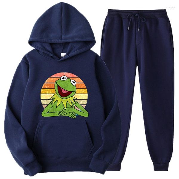 Tute da uomo The Frog Muppets tinta unita da uomo Set divertenti felpe casual in pile pantaloni tuta in due pezzi abbigliamento sportivo alla moda