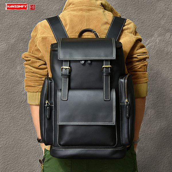 Schultaschen Retro britischer schwarzer Lederrucksack für Herren, 17-Zoll-Laptoptasche, trendiger Alltagsstil, große Reiserucksäcke, Schultaschen, 230721