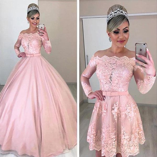 2020 New Unique Tulle Off The Shoulder Neckline 2 in 1 Abiti da sposa Maniche lunghe Bowknot Gonna staccabile Abito da sposa rosa247S