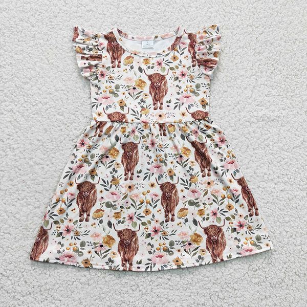 Commercio all'ingrosso Baby Girl Western Highland Cow Dress Bambini maniche corte Flower Children Infant Toddler Floral Clothes