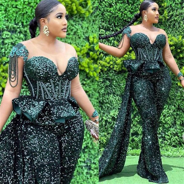 2021 Plus Size Árabe Aso Ebi Macacões Sensuais Frisados com Lantejoulas Vestidos de Baile Decote Transparente Bainha Noite Festa Formal Segunda Recepção 175t