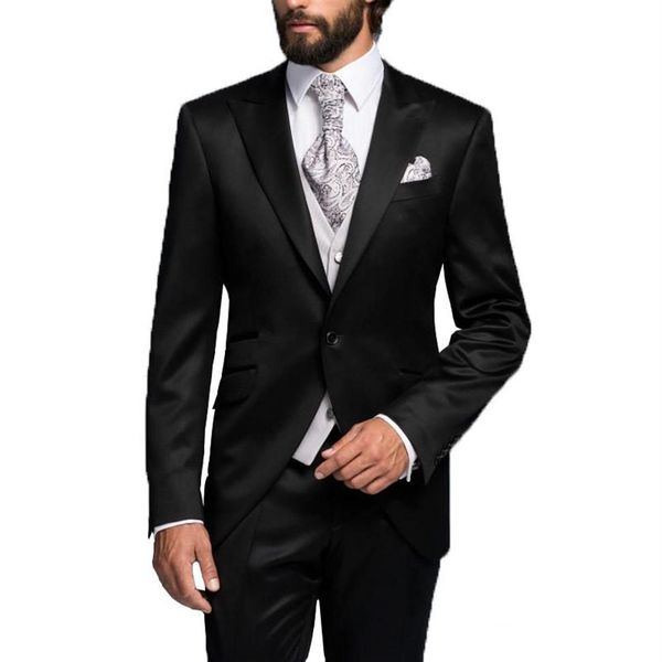 Sehr guter schwarzer Bräutigam-Smoking mit einem Knopf und spitzem Revers, 3-teilig, für Hochzeit, Abschlussball, Abendessen, Blazer, Jacke, Hose, Weste, Krawatte, W587318k