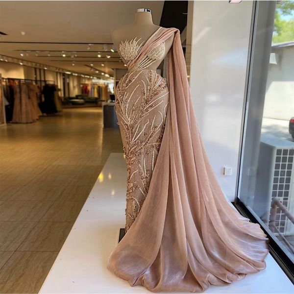 Vestidos de Baile Sereia Rosa Blush Com Envoltório Um Ombro Renda Frisado Dubai Glitter Robe De Soiree Vestido de Noite Árabe 2021 Feminino Pa326Y
