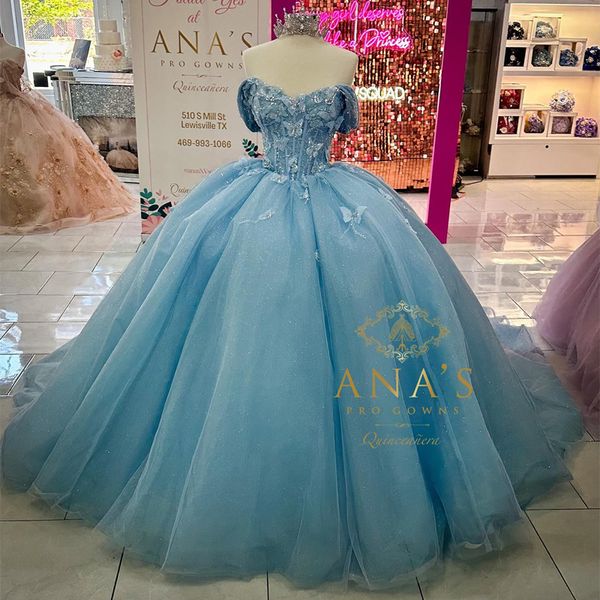 Sky Mavi Glitter Ball Roow Quinceanera Elbiseler Çıkarılabilir Tren Sizli Boncuk Kristal Yay Korsa Vestidos De XV Anos