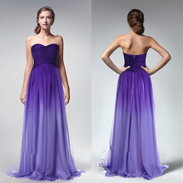 Ombre Purple Cheap A Line Abiti lunghi da damigella d'onore Sweetheart Backless Senza maniche Increspato Abiti da damigella d'onore economici Custom Made Girls 294S