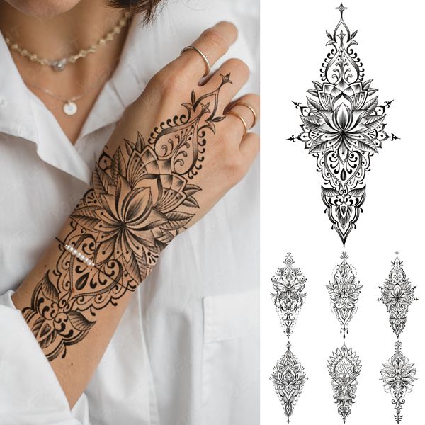 Henna Hand Drawn Totem Transfer À Prova D' Água Tatuagem Temporária Adesivo Feminino Masculino Mandala Mehndi Lótus Renda Linha Arte Corporal Tatuagem Falsa