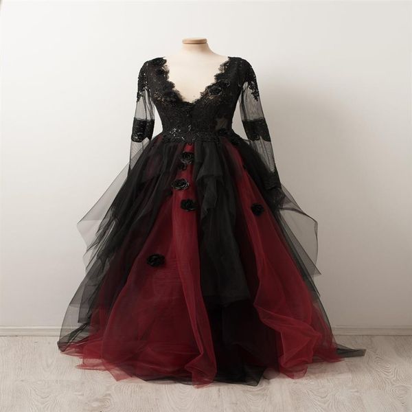 2021 Preto Vermelho Escuro Gótico Vestidos de Noiva Decote em V Mangas Compridas Lantejoulas Renda Folhos Tule 3D Flores Vestidos de Noiva Coloridos Linha A 224g