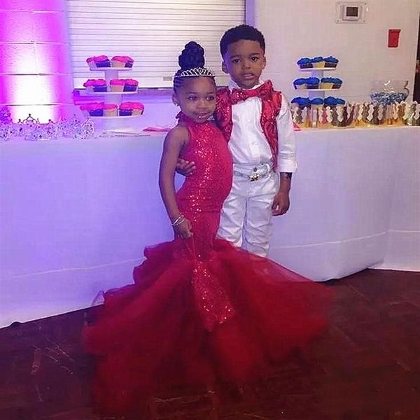 2020 American Little Miss Girls Pageant Dresses Vermelho Brilhante Lantejoulas Sereia Aniversário Festa De Formatura Casamento Vestido Da Menina Flor 243K