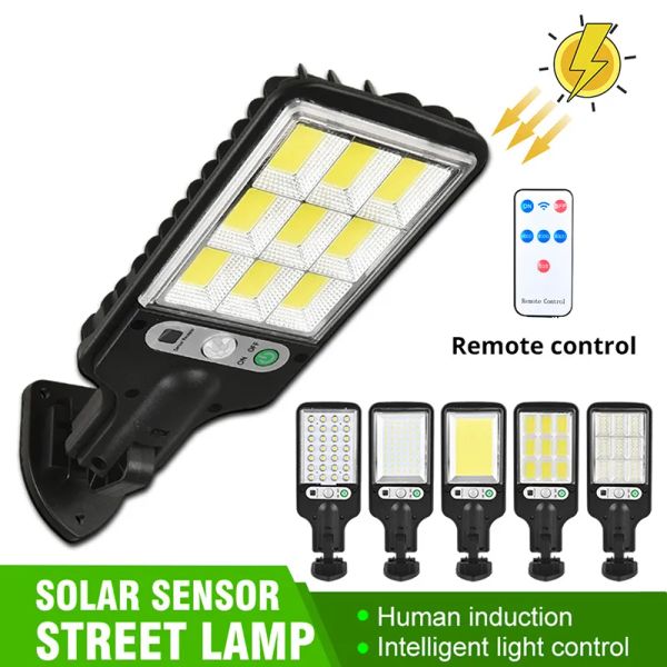 Lâmpadas de rua solares ao ar livre à prova d'água COB LED Luz de parede solar Iluminação de painel solar com 3 modos de luz Sensor de movimento do corpo humano Lâmpada de segurança para jardim Pátio Caminho Quintal