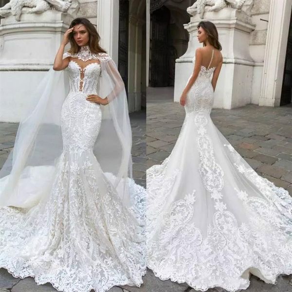 Lindos vestidos de noiva de renda sereia com capa transparente decote profundo vestido de noiva boêmio apliques tamanho grande vestidos de noiva N235S