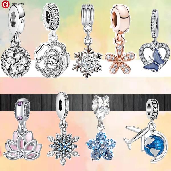 925 Gümüş Fit Pandora Charm 925 Bilezik Parlayan Uçak Çiçekleri Kelebek Takılar Seti 925 Gümüş Boncuklar Takılar Pandora Cazibesi Fit