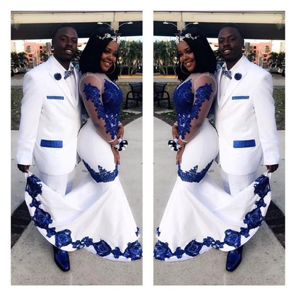 New White Satin Royal Blue Lace Aso Ebi African Prom Dresses Maniche lunghe Illusion Applique Abiti da sera convenzionali Pageant Celebrity237h