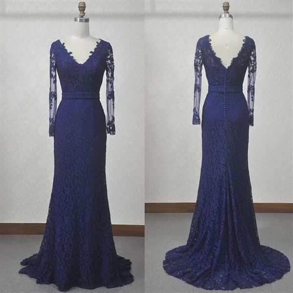 Verdadeira mãe da noiva vestido formal decote em V manga longa sereia renda mãe azul marinho vestidos de noivo plus size 251T