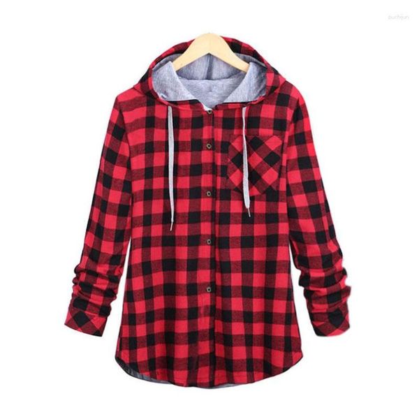 Camicie casual da uomo Camicia a quadri lunga Uomo Donna Cappotto manica scozzese nero rosso con cappuccio Cappotto Harajuku di marca