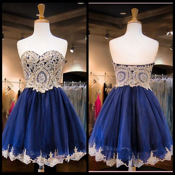 2020 Nuovo arrivo Sweetheart Neck Gold Lace Homecoming Dress Mini Short Navy Blue Prom Dress Short Sweet 16 Dresses254k