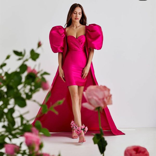 Eleganti abiti da sera di taffeta fucsia eleganti con maniche a soffio innamorato in mezzo Oriente sopra il ginocchio abito da festa formale per donne