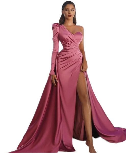 Vestidos de Baile Rosa Mangas Compridas Feminino Vestido Formal Sereia Alta Dividida Celebridade Robe De Soirée Roupa de Noite