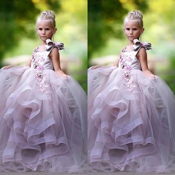 Grazioso abito da ballo da principessa Abiti da ragazza di fiori Appliques floreali 3D Abito da spettacolo per ragazze con fiocco Abito da compleanno lungo in tulle soffice269k