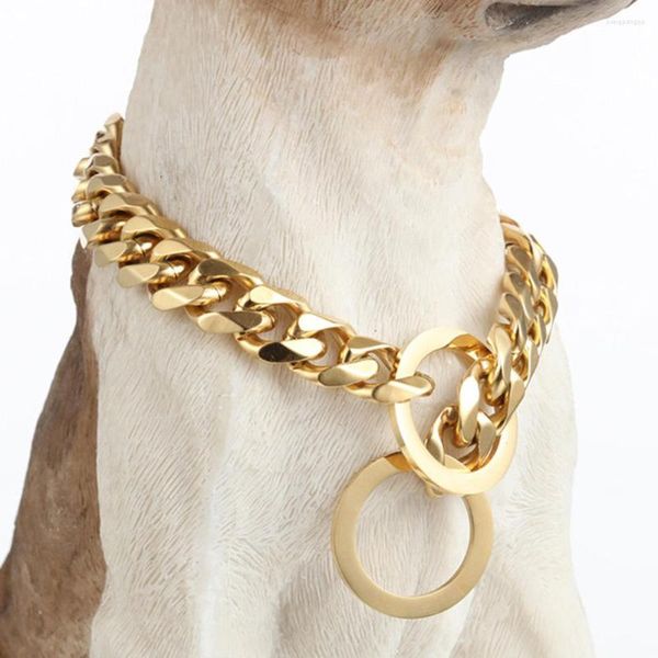 Collari per cani Collare in acciaio inossidabile da 15 mm Catena d'oro Collegamento cubano di lusso Addestramento durevole P Per cani di grossa taglia Doberman Pitbull Rottweiler