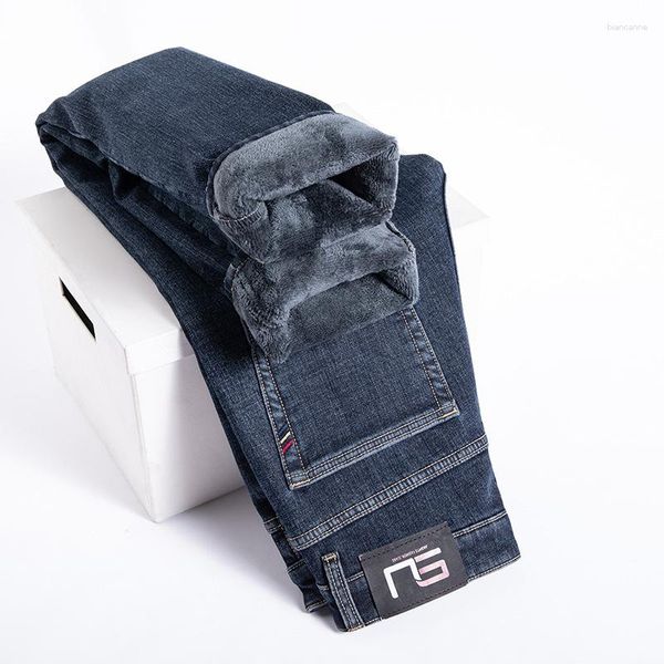 Jeans da uomo 2023 Inverno Cotone di alta qualità Stretch Slim Straight Denim Fleece Spesso Caldo Business Casual Grigio BLU NERO