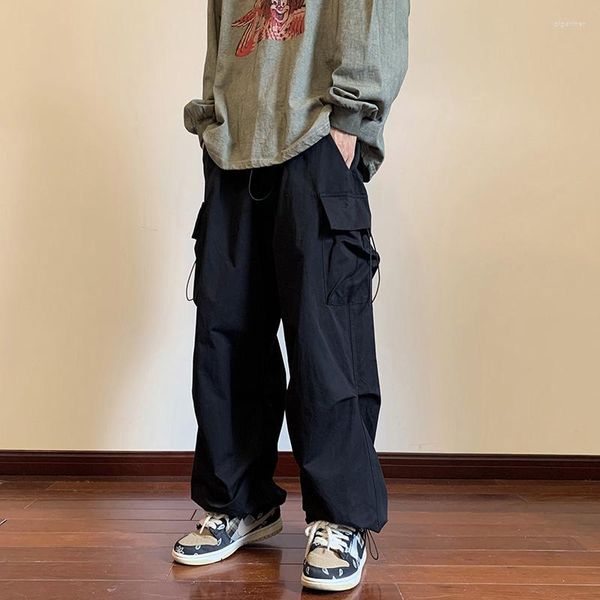 Calças masculinas 2023 primavera casual masculino cintura elástica cor sólida joggers multibolso solto Harajuku largo para mulheres