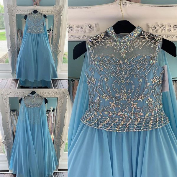 Blaue Chiffon-Festzug-Kleider für Teenager 2019 mit Wickel-Bling-Strasssteinen, lange Festzug-Kleider für kleine Mädchen, mit Reißverschluss hinten, formell, Par2534