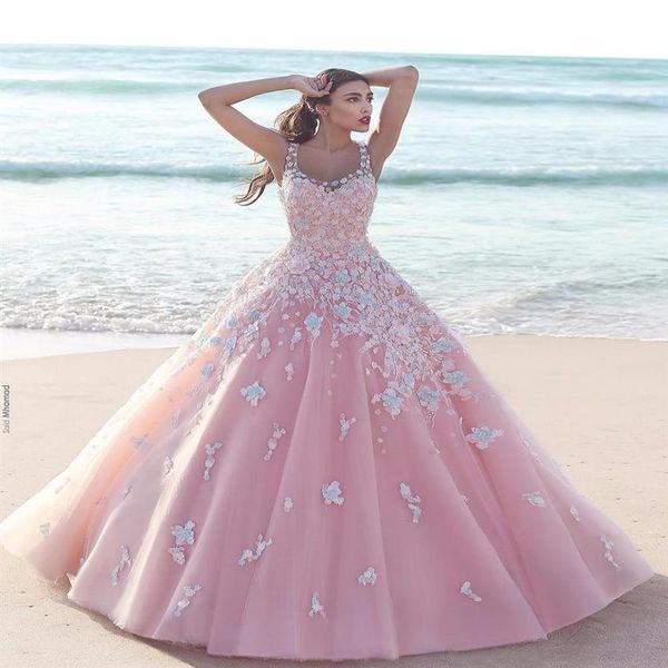 Principessa floreale fiore rosa abito da ballo abiti quinceanera 2021 applique tulle scoop senza maniche corpetto in pizzo abiti da ballo lunghi forma174s