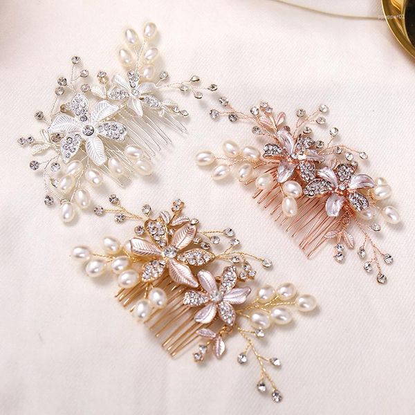 Grampos de cabelo flor rosa ouro prata cor tiara pentes feitos à mão strass acessórios de noiva pérolas enfeites de casamento concurso