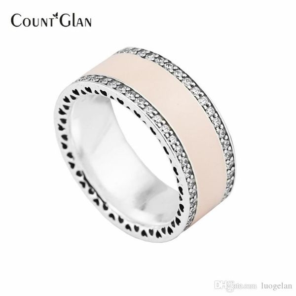 Compatibile con gli anelli Pandora New Sterling-Silver-Jewelry Hearts Rings for Women 925 Silver Soft Pink Smalto Clear CZ Ring290K