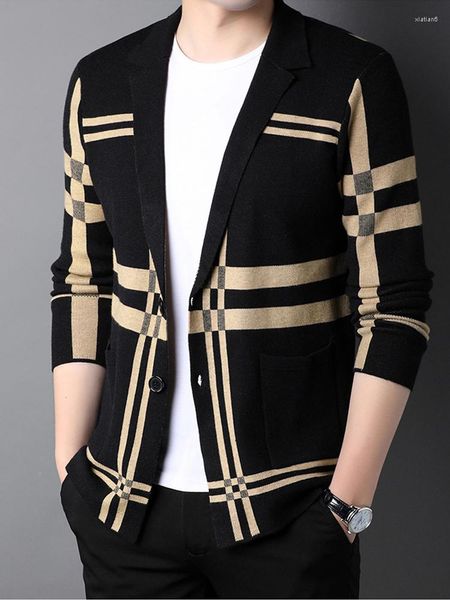 Ternos masculinos 2023 moda outono fino xadrez malha blazers casual manga longa terno masculino lapela cardigan preto temperamento negócios casaco