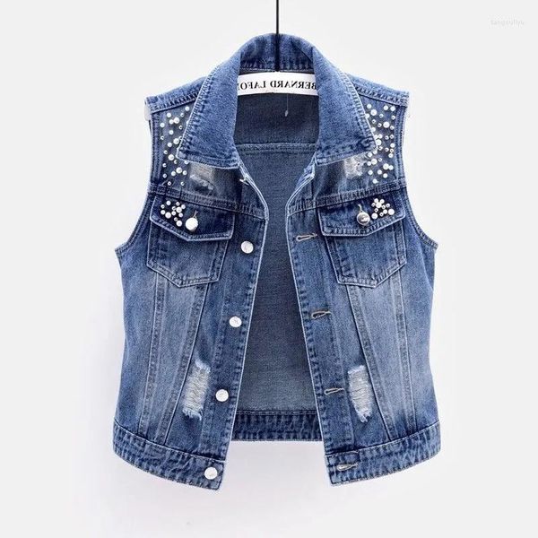 Gilet da donna Fashion Turn Down Gilet di jeans Donna Perle di lusso Autunno Giacca di jeans Donna senza maniche Cappotto corto allentato Gilet causale 5XL