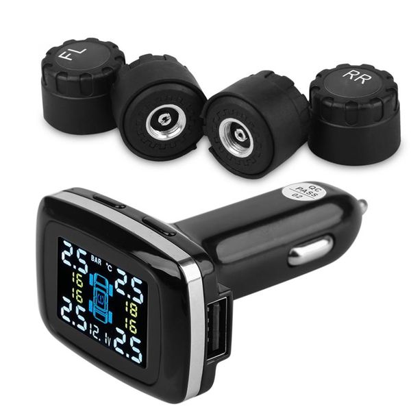 Sistema di monitoraggio della pressione dei pneumatici TPMS wireless con 4 sensori esterni Spina accendisigari Display LCD con pressione dei pneumatici293J