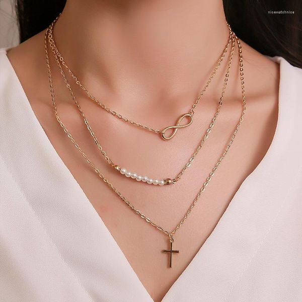 Anhänger-Halsketten, dreilagige 8er-Perle mit gekreuzter Schlüsselbeinkette, Damen-Accessoires