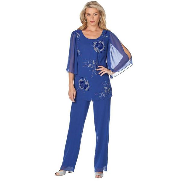 Mãe da noiva azul modesta ternos de calça de duas peças lantejoulas vestido de convidado de casamento chiffon tamanho grande mangas compridas mães noivo dr215g