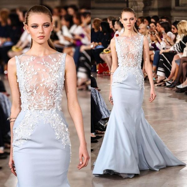 Georges Hobeika 2017 Abiti da sera sexy Indossano applique in pizzo Perline Abiti da festa a sirena Sweep Train Gioiello Collo senza maniche Rosso Carpe283Z