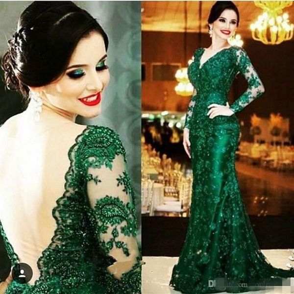 Eleganti abiti da sera in pizzo verde smeraldo scollo a V maniche lunghe schiena scoperta sirena corte strascico abiti da cerimonia madre della sposa Dres278Z