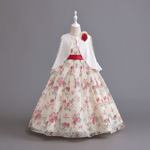 Elegantes Chiffon-Blumenmädchenkleid mit weißem Überzug, formeller Anlass, Kinderparty, langer Abschlussball, Kinderzeremonie, Geburtstagskleidung, 3–12 Jahre