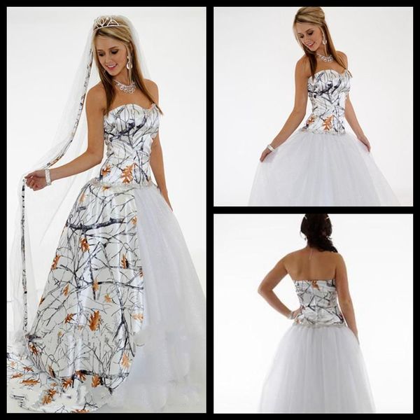 Vestidos de noiva de camuflagem de neve branca da moda com rede de glitter e cristais frisados vestidos de noiva Realtree vestidos de casamento com destacável Trai266n