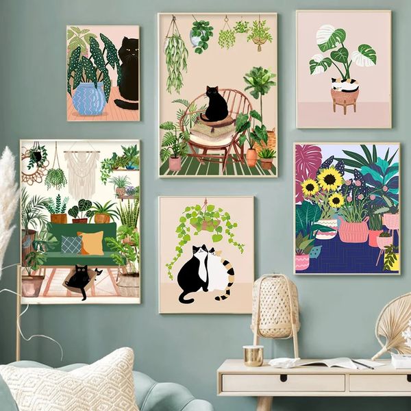 Cute Cats Canvas Painting Tropic Botanical Plant Posters and Prints Cat Lover Gifts Kitchen Decoration Wall Art Pictures for Living Room Home Decor w06