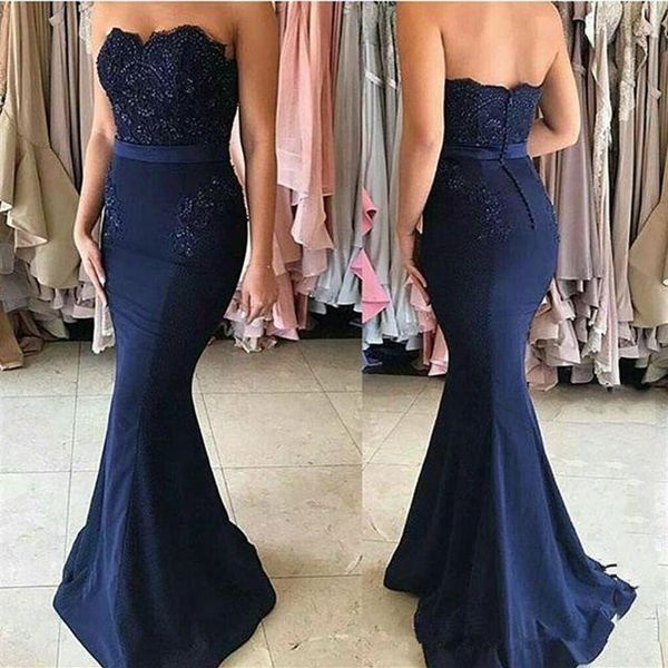 Vestidos de Dama de Honra Azul Marinho Simples 2019 Querida Apliques de Renda Miçangas Pérolas Até o Chão Vestidos de Festa de Formatura Sereia2958