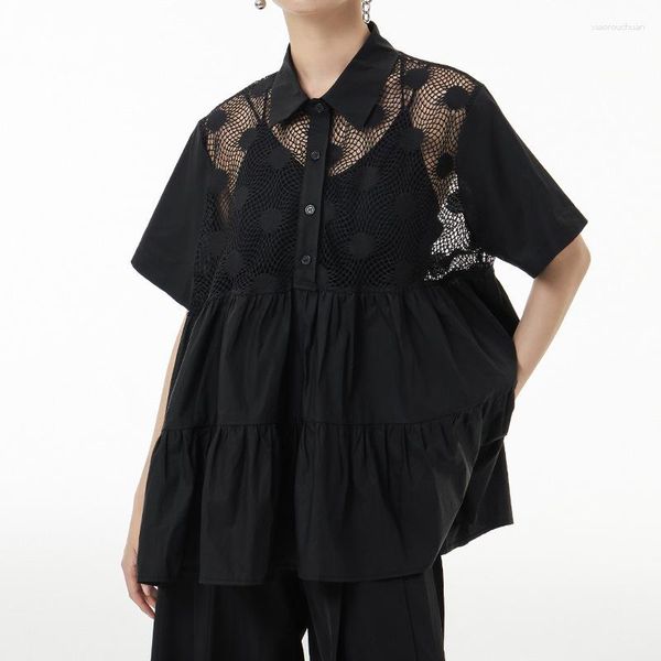 Blusas femininas estilo preto oco com costura de renda camisa de manga curta fina solta nicho elegante blusa linha A distinta verão 2023